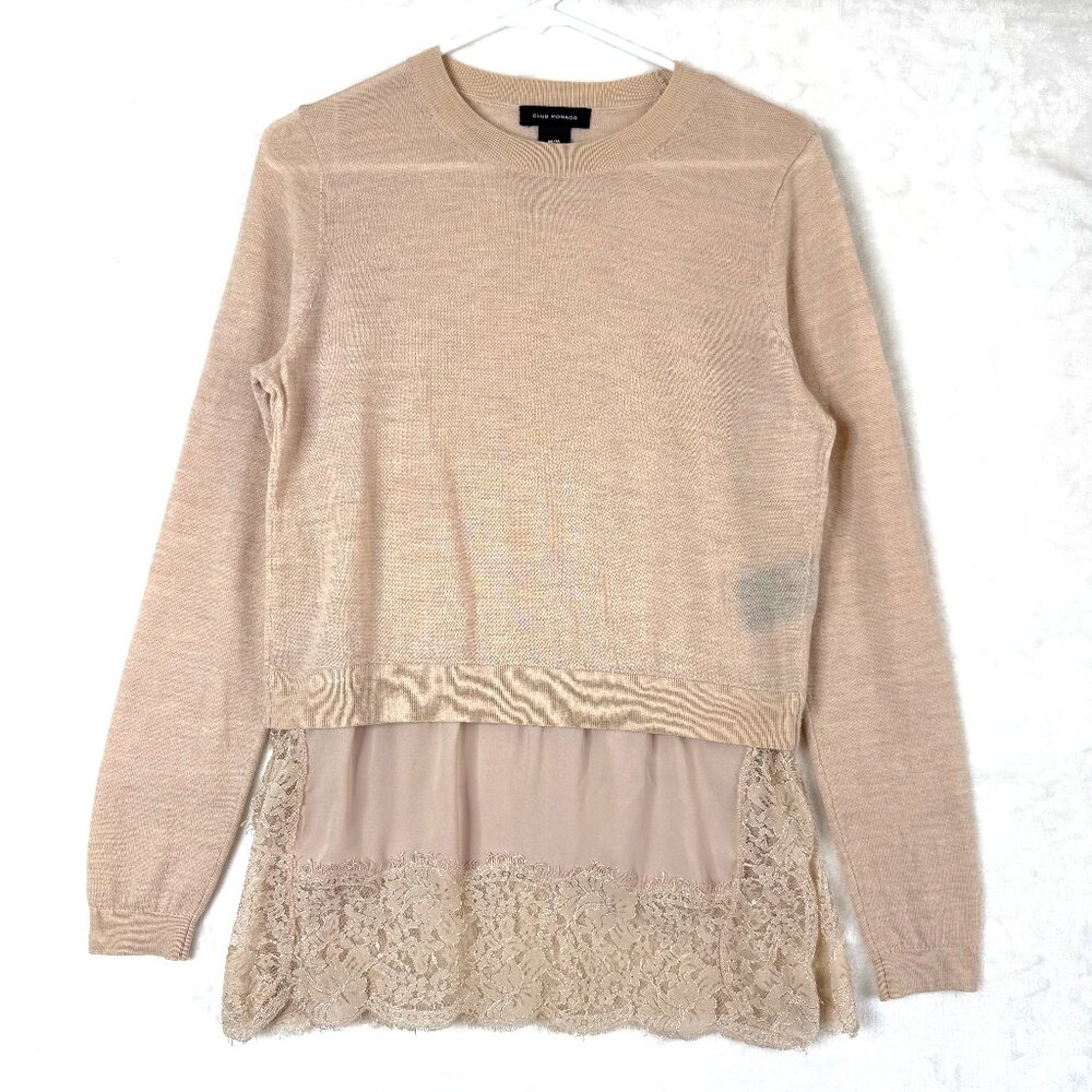 Club Monaco Yahaira Merino Wool Lace Layered Pullover Sweater Womens M Beige
